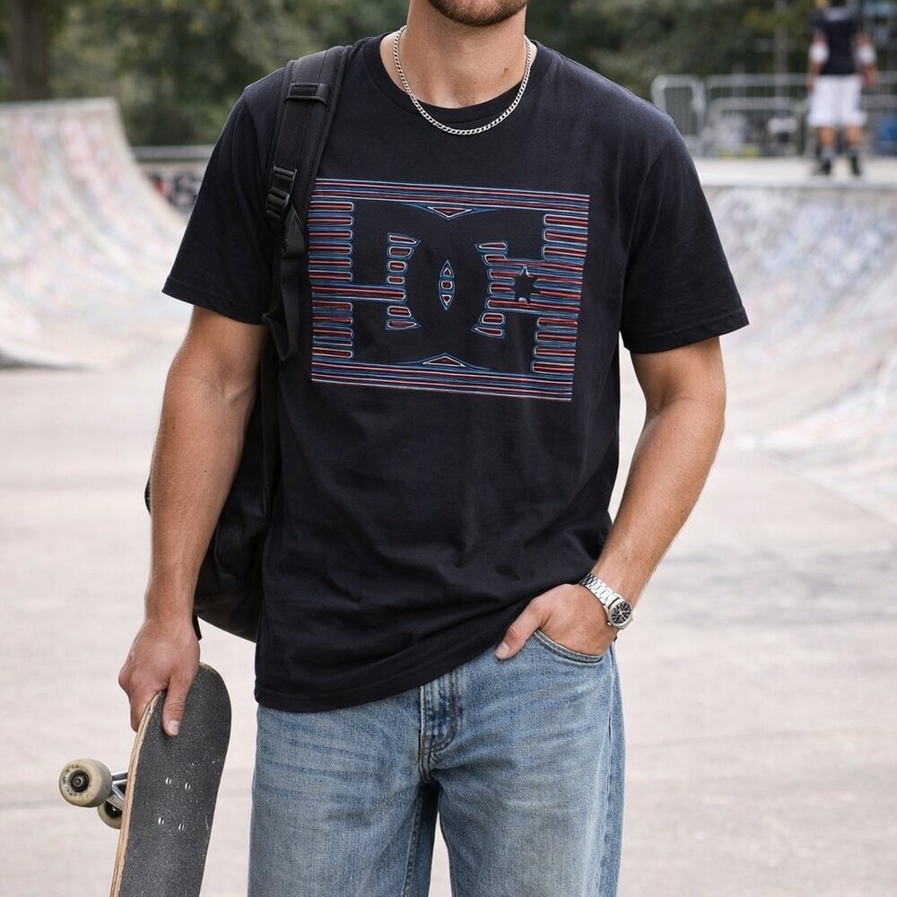 Vintage DC Shoes T-Shirt Mens M Black Graphic Short Sleeve Cotton Skate Y2K